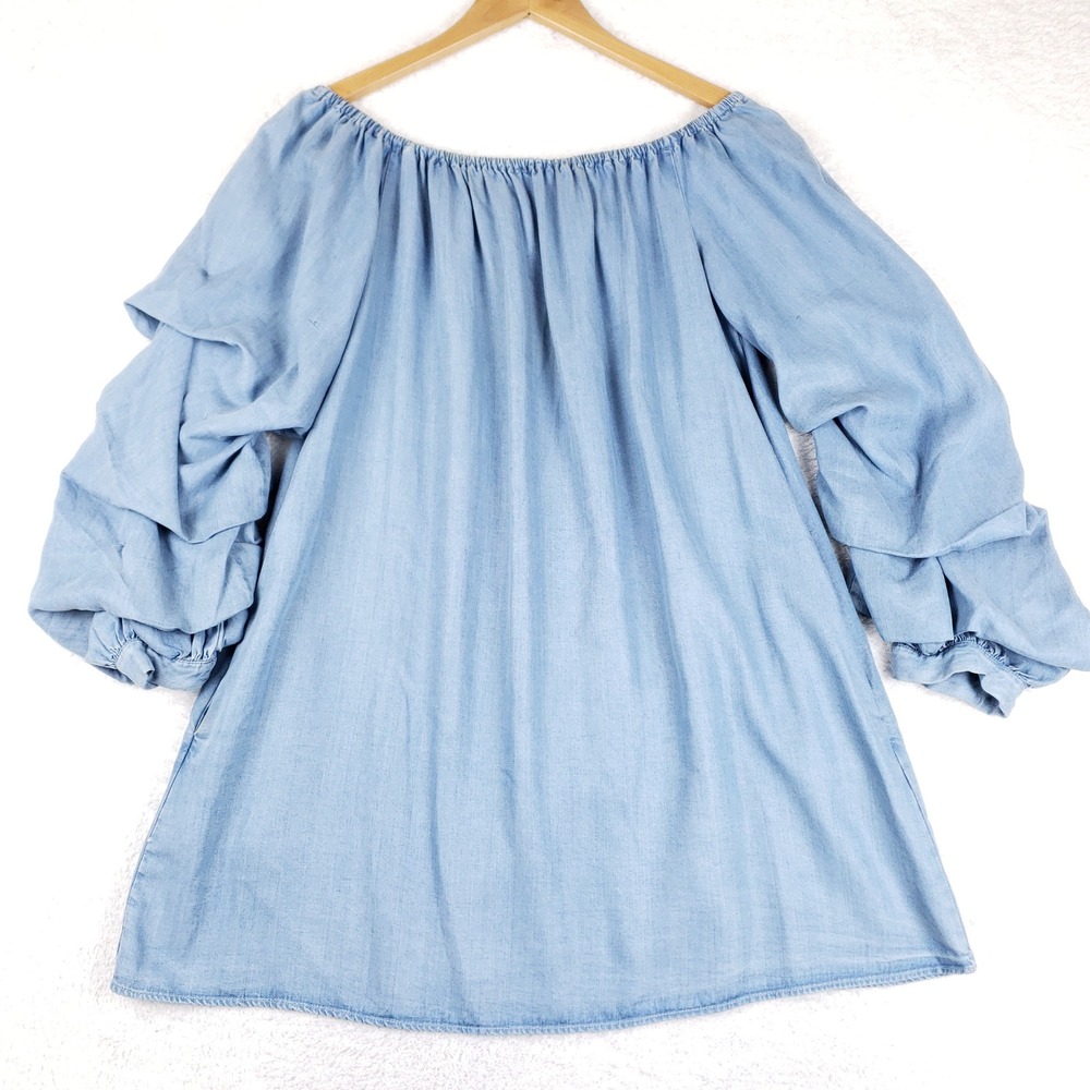Zara Woman Premium Denim Light Blue Ruffle Sleeve Off Shoulder Tunic Top L